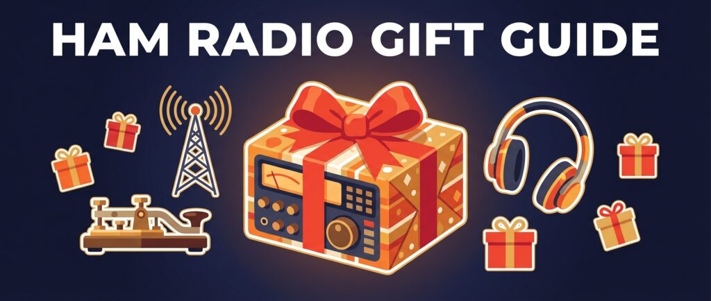 Ham Radio Gift Guide featured image with ham radio transceiver wrapped in gift paper