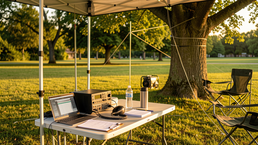 A temporary ham radio Field Day setup in a public park with a pop-up canopy tent sheltering a radio transceiver and laptop on a fold-out table, a vertical antenna on a push-up mast, and a wire dipole strung up into a tree. Late afternoon golden hour lighting.